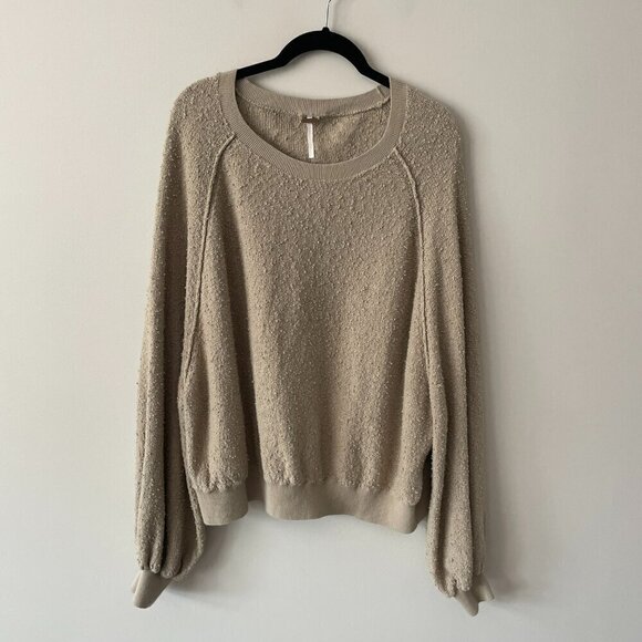 Free People Found My Friend Knit Balloon Sleeve Casual Pullover Sweater Cream XS - Picture 2 of 9